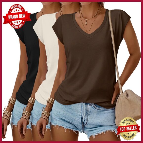 3 Pack Women's V Neck T-Shirts Loose Fit Cap Sleeve Summer Tops